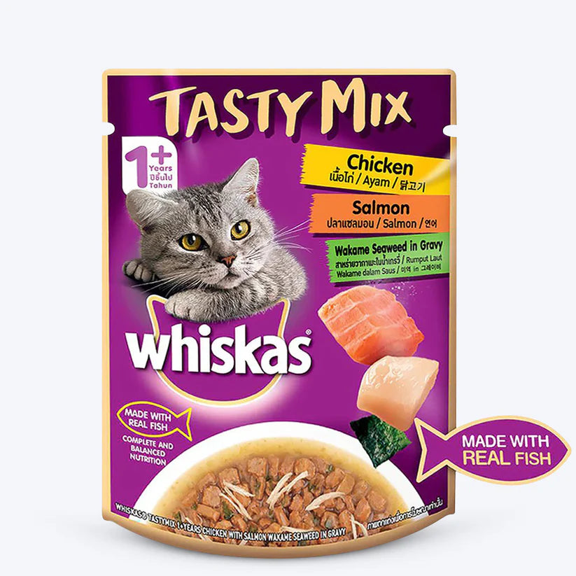 Whiskas Adult (1+ year) Tasty Mix Wet Cat Food Made With Real Fish, Chicken With Salmon Wakame Seaweed in Gravy (70 gm)p packs