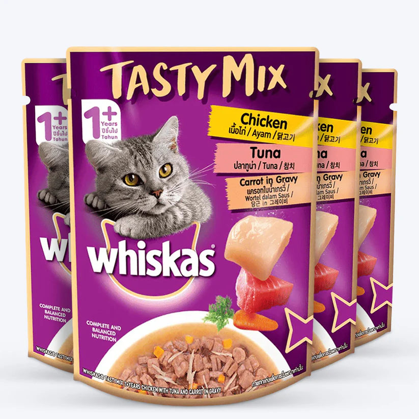 Whiskas Adult (1+ year) Tasty Mix Wet Cat Food Made With Real Fish, Chicken With Tuna And Carrot in Gravy (70 g)