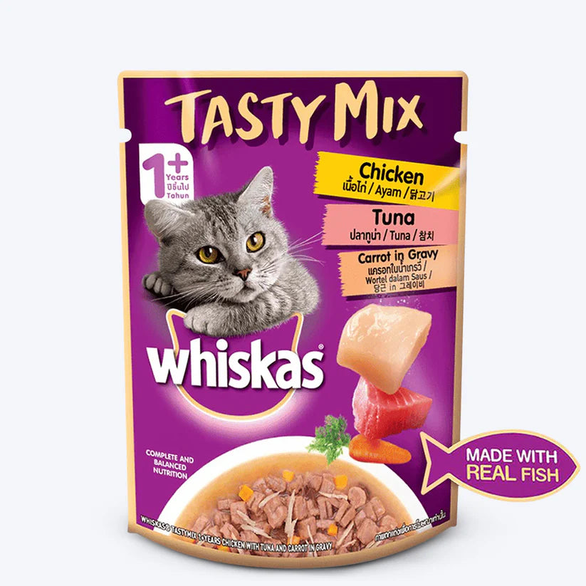 Whiskas Adult (1+ year) Tasty Mix Wet Cat Food Made With Real Fish, Chicken With Tuna And Carrot in Gravy (70 g)