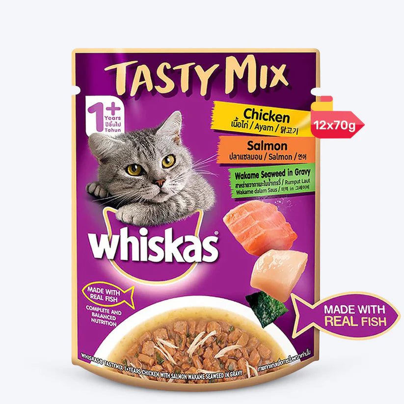 Whiskas Adult (1+ year) Tasty Mix Wet Cat Food Made With Real Fish, Chicken With Salmon Wakame Seaweed in Gravy (70 gm)p packs