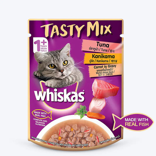 Whiskas Adult (1+ year) Tasty Mix Wet Cat Food Made With Real Fish, Tuna With Kanikama And Carrot in Gravy (70 g) packs