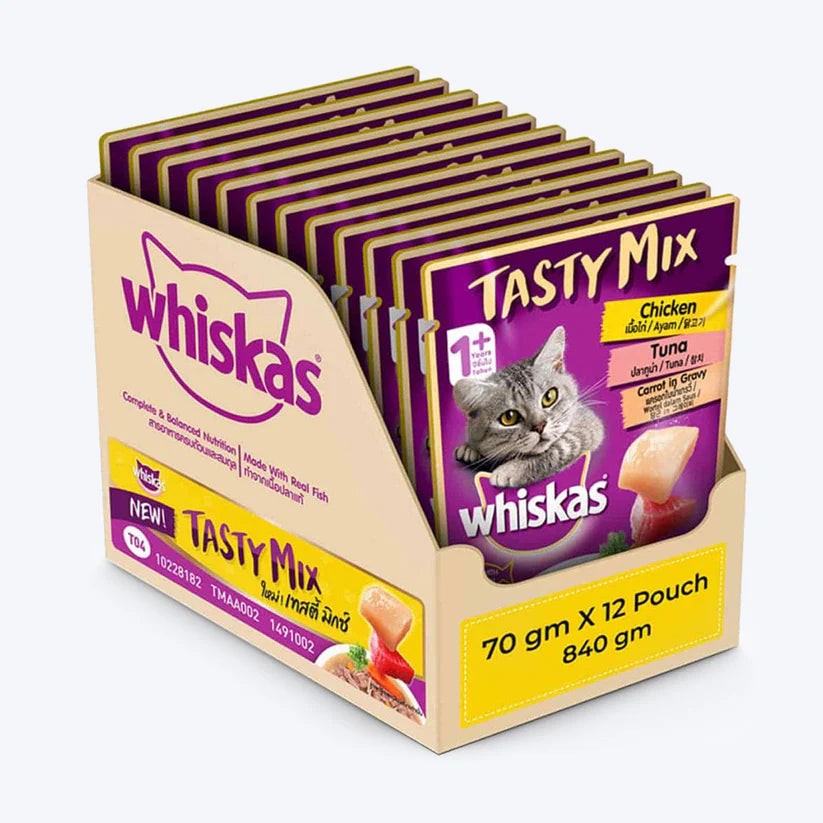 Whiskas Adult (1+ year) Tasty Mix Wet Cat Food Made With Real Fish, Chicken With Tuna And Carrot in Gravy (70 g)