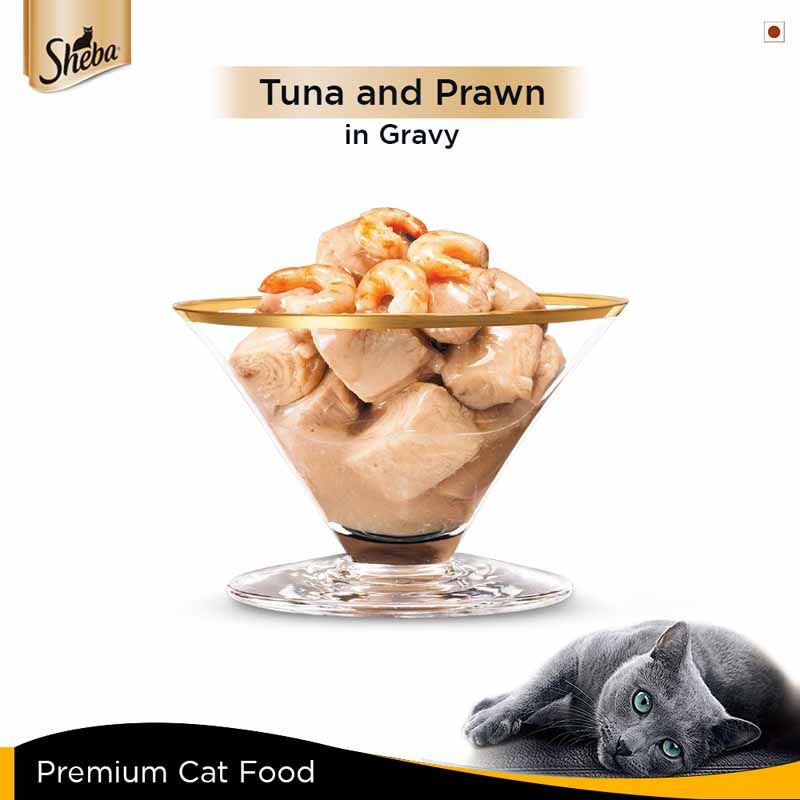 Sheba Tuna Fillets and Whole Prawns in Gravy Adult Wet Cat Food (85 g) packs